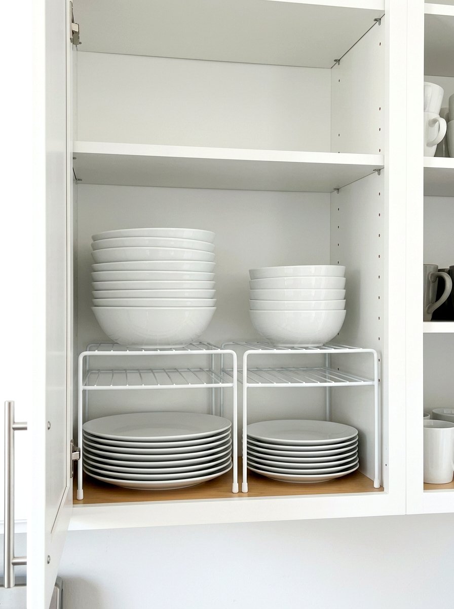 Stackable shelf riser - 30 renter friendly kitchen storage ideas