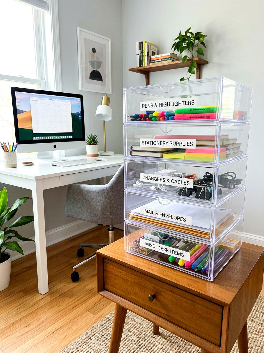 Stackable storage bins - 30 renter friendly home office ideas