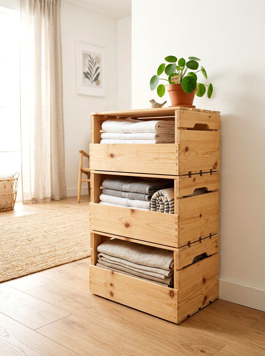 Stackable storage crates - 30 minimalist bedroom storage ideas