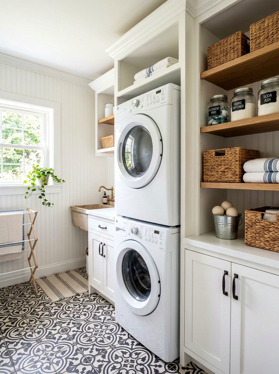 Stackable washer dryer farmhouse - 30 farmhouse laundry room ideas