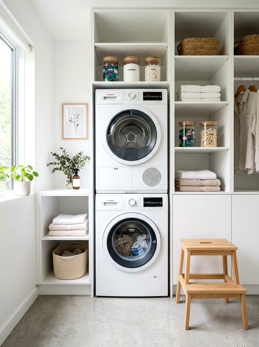 Stackable washer dryer storage - 30 organizing a laundry closet ideas
