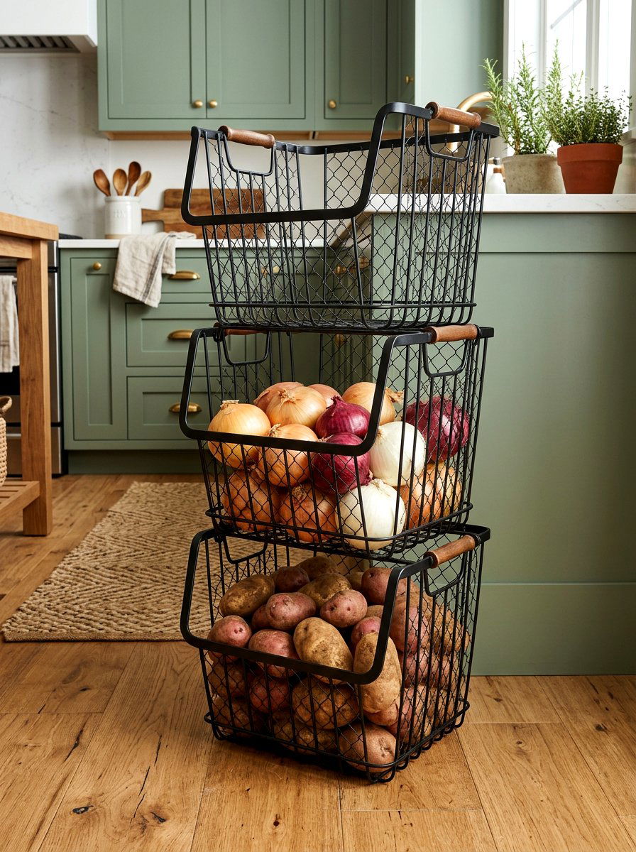 Stackable wire baskets - 30 apartment kitchen storage ideas