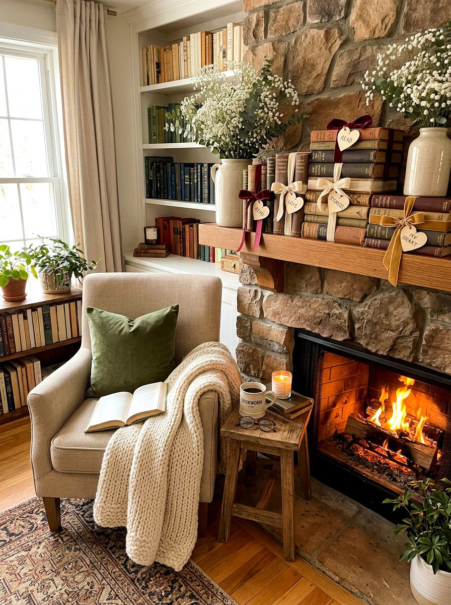 Stacked Book Ribbon Romantic Mantel - 30 Valentine mantel ideas