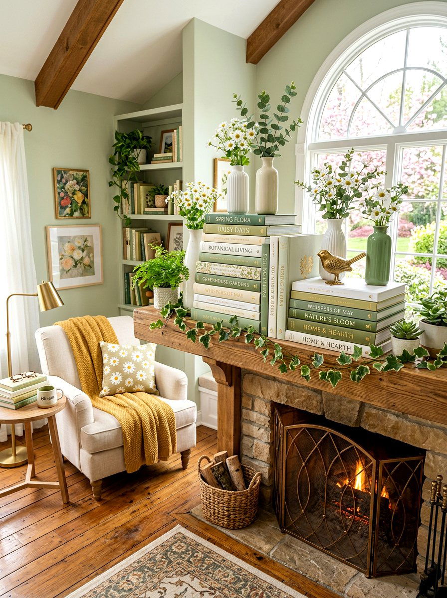 Stacked Book Spring Mantel - 30 spring mantel styling ideas