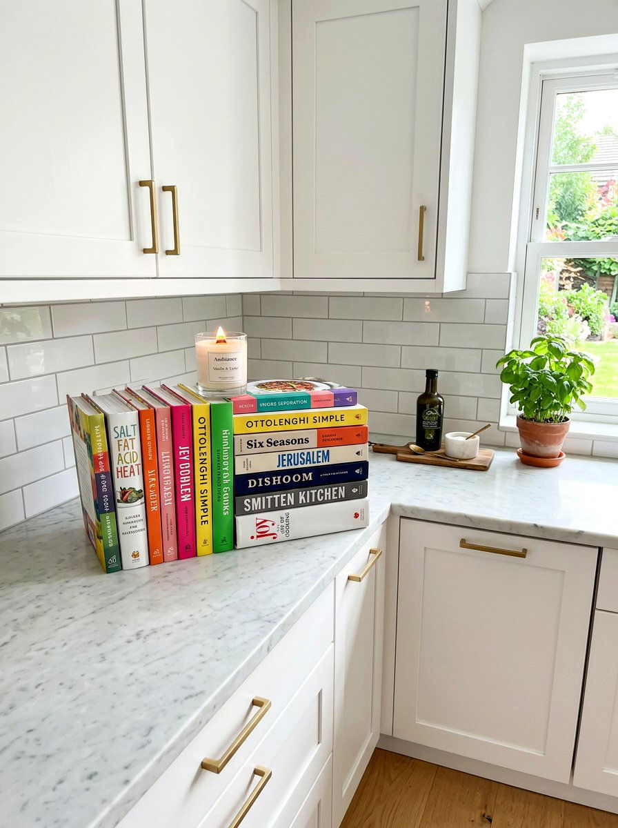 Stacked Countertop Cookbook Display - 30 layered kitchen decor ideas