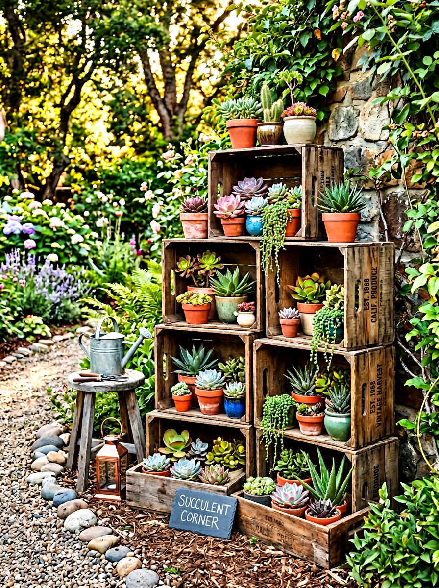 Stacked Crate Succulent Garden - 30 vertical succulent garden ideas