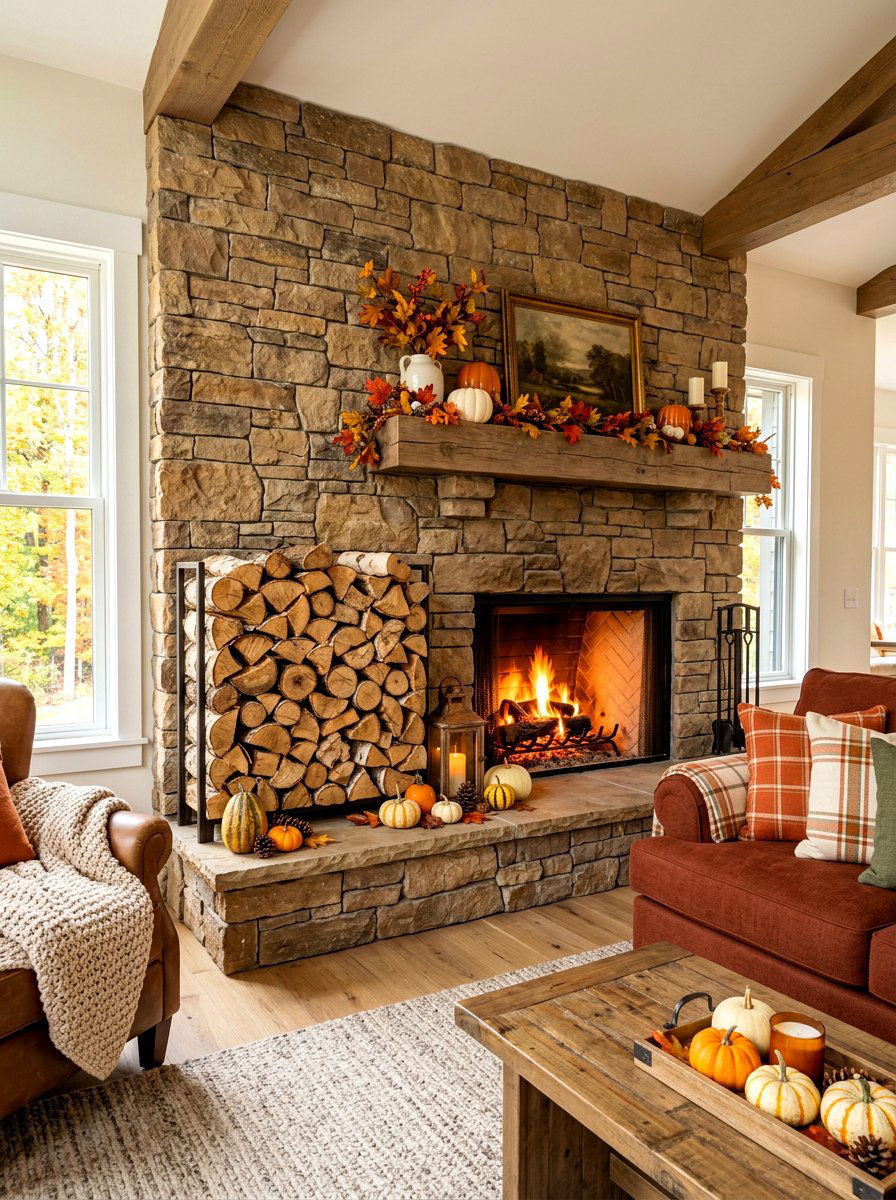 Stacked Firewood Fall Fireplace Hearth - 30 fall mantel styling ideas