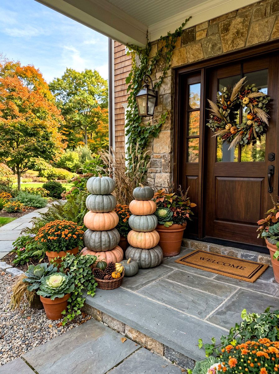 Stacked Heirloom Pumpkin Porch - 30 natural autumn porch ideas