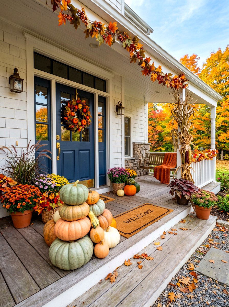 Stacked Heirloom Pumpkins - 30 fall entryway decor ideas
