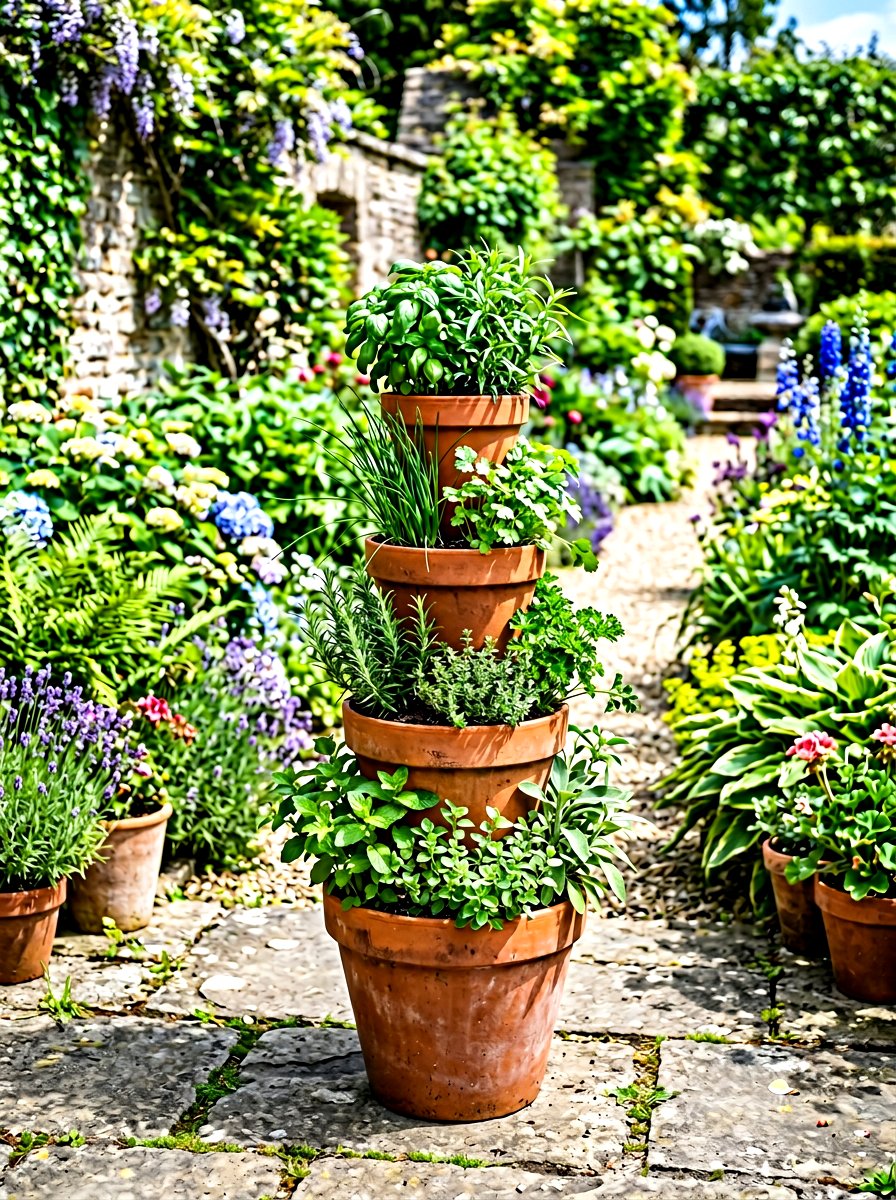Stacked Herb Pot Tower - 30 herb container garden ideas