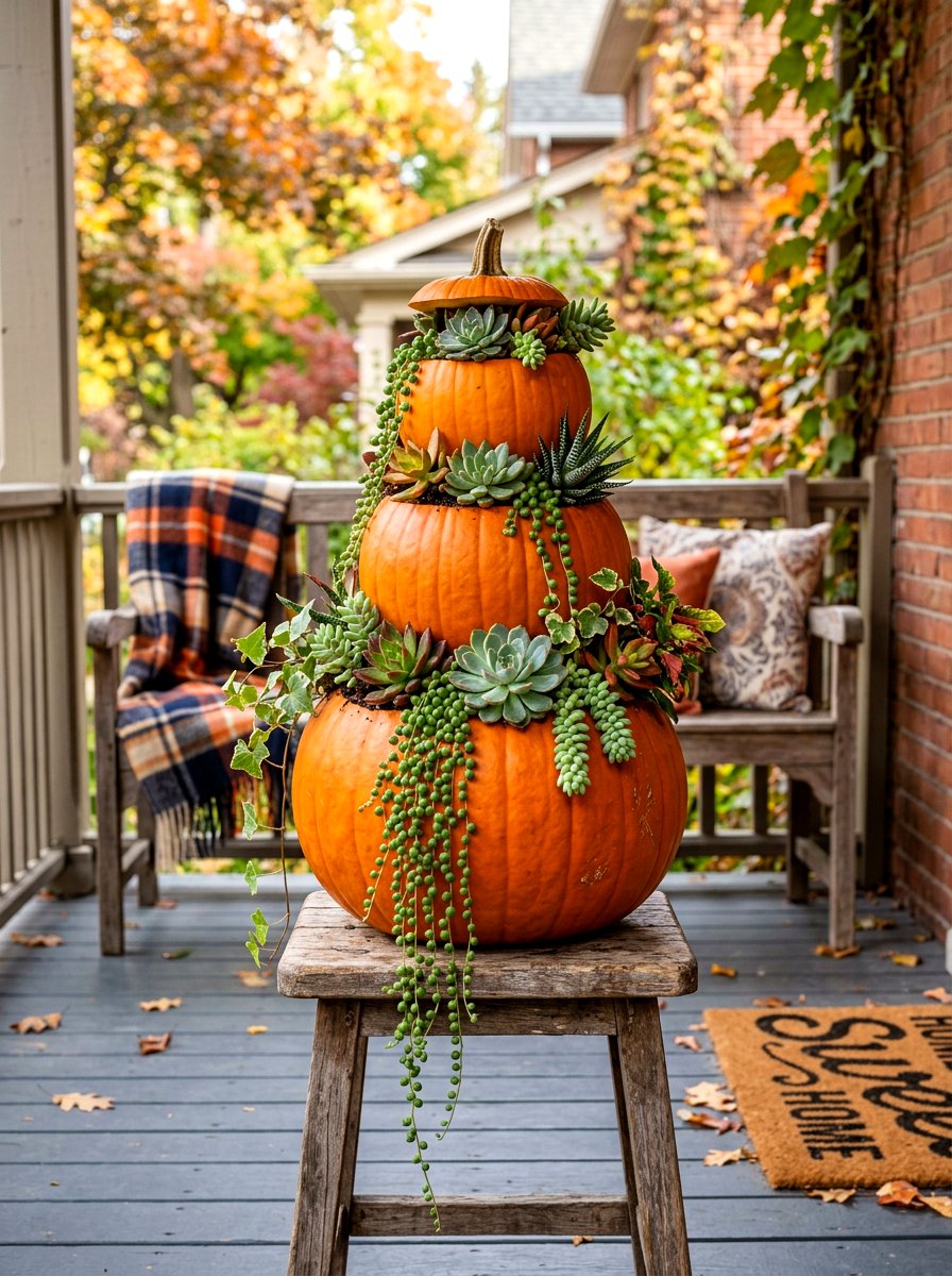 Stacked Pumpkin Planter - 30 fall porch planter ideas