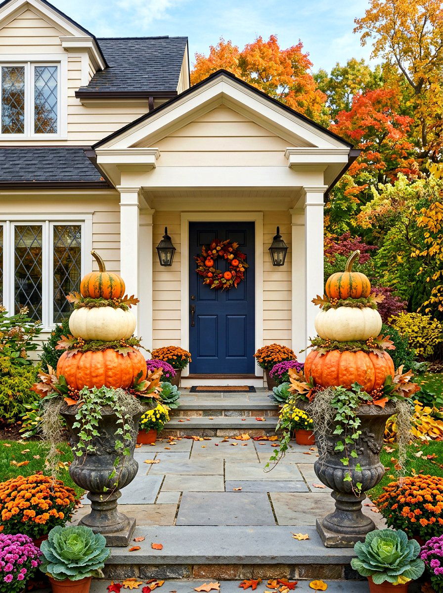 Stacked Pumpkin Porch Topiary - 30 fall front porch ideas