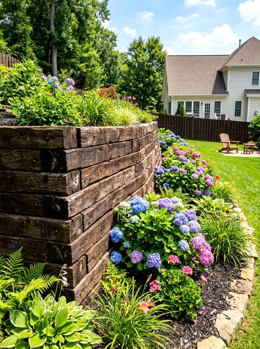 Stacked Railroad Tie - 30 timber retaining wall ideas