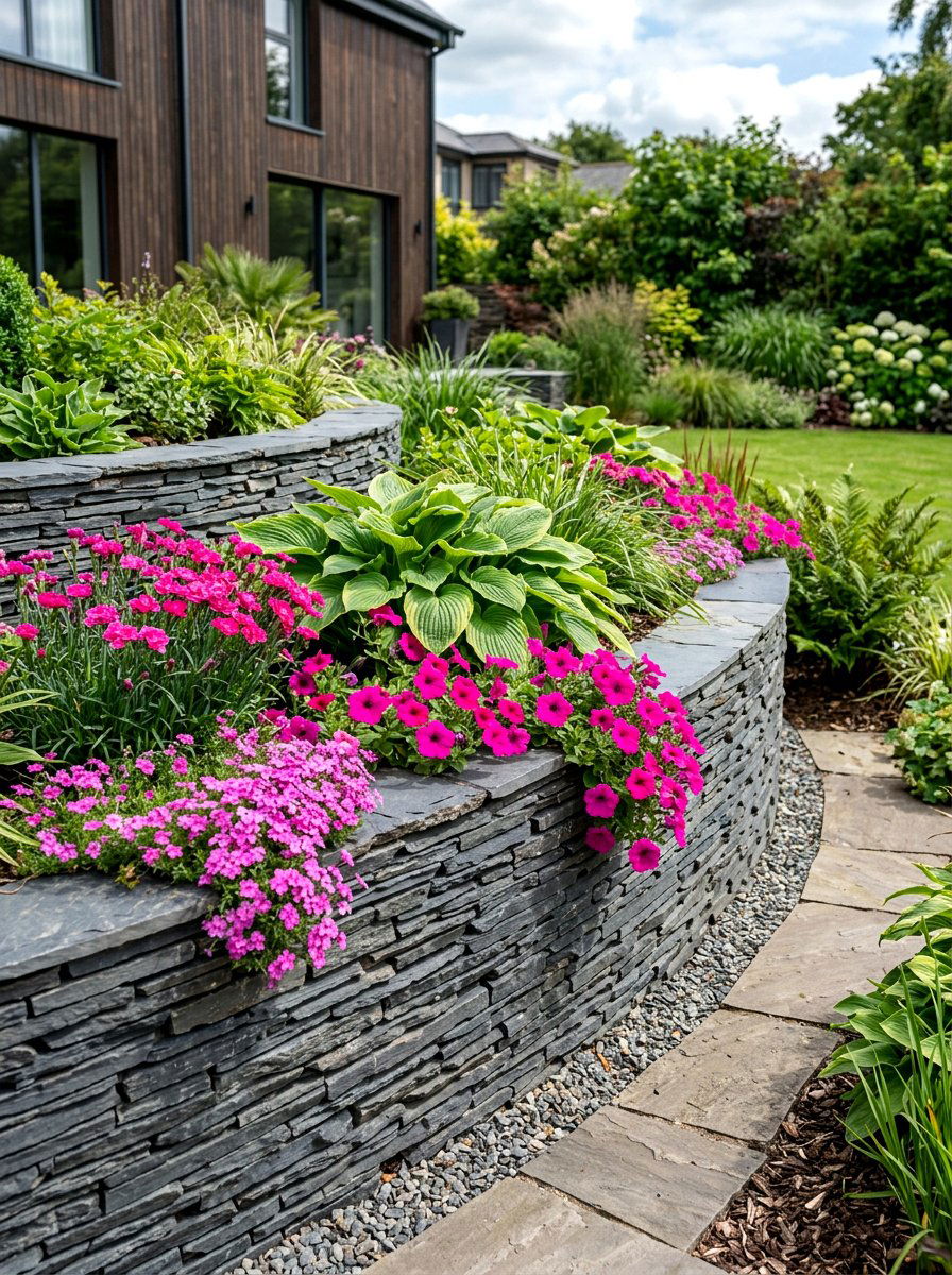 Stacked Slate Flower Bed - 30 retaining wall flower bed ideas