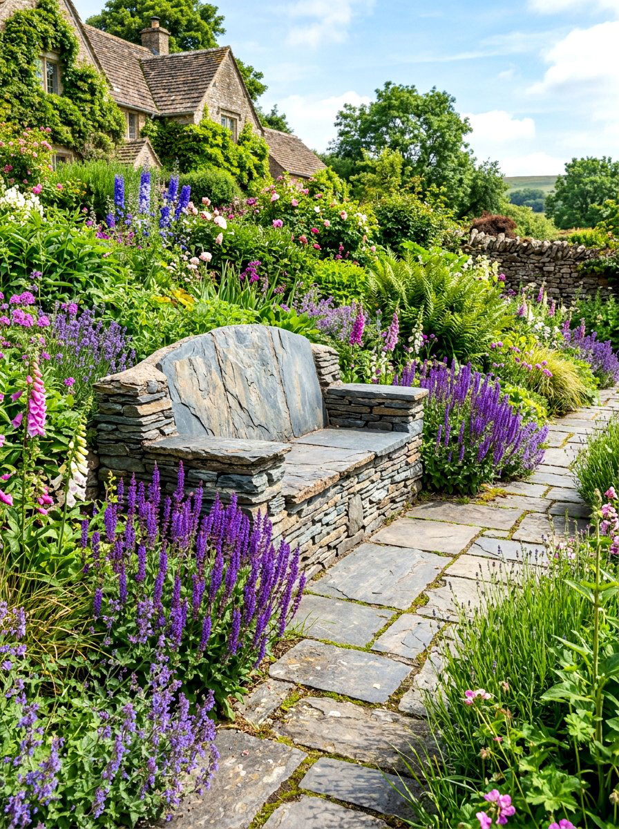 Stacked Slate Garden Bench - 30 stone bench garden ideas