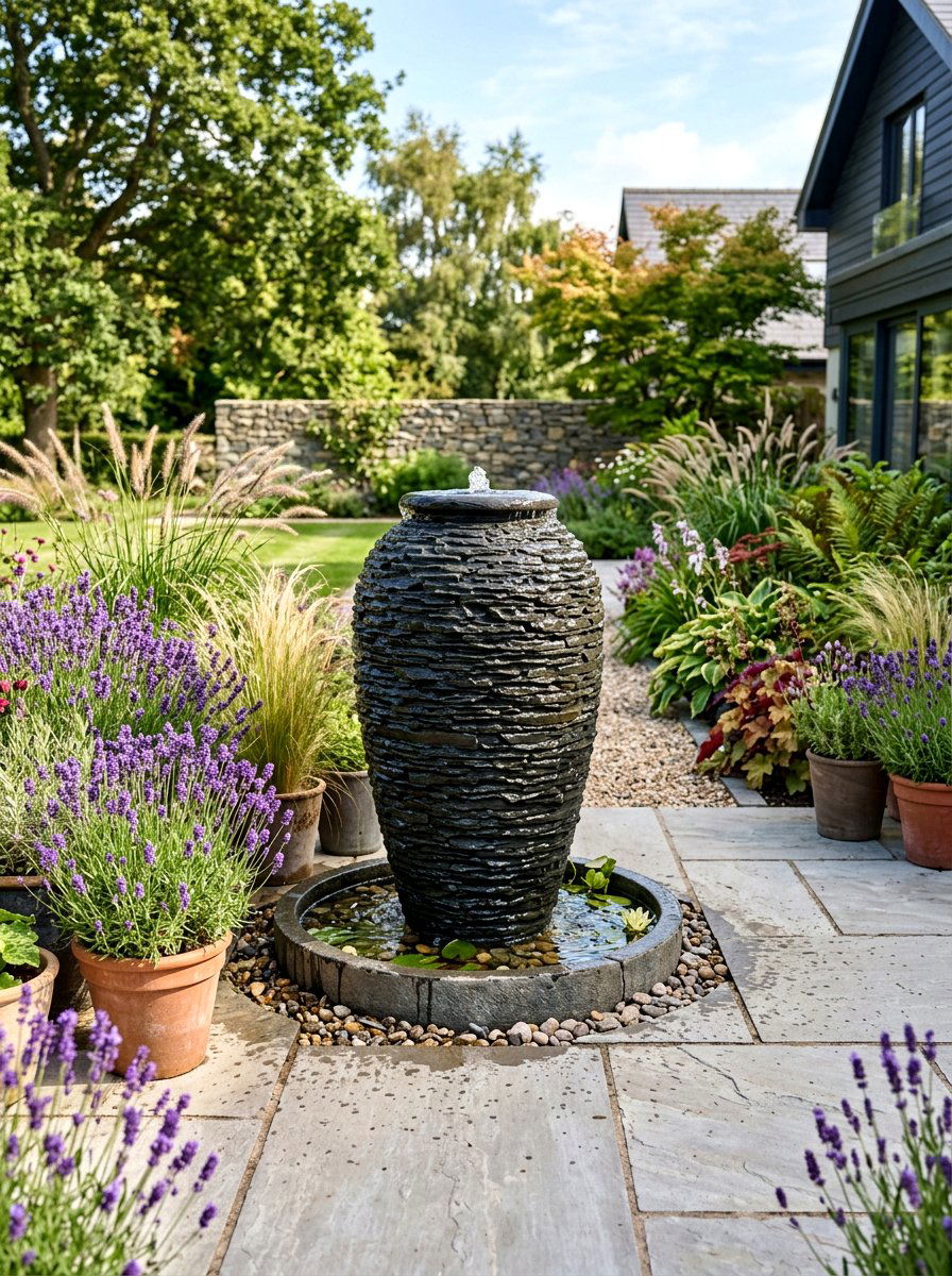 Stacked Slate Urn - 30 bubbling rock fountain ideas