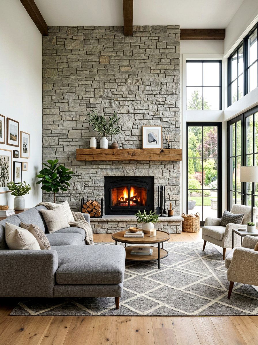 Stacked Stone Fireplace Wall - 30 stone accent wall ideas
