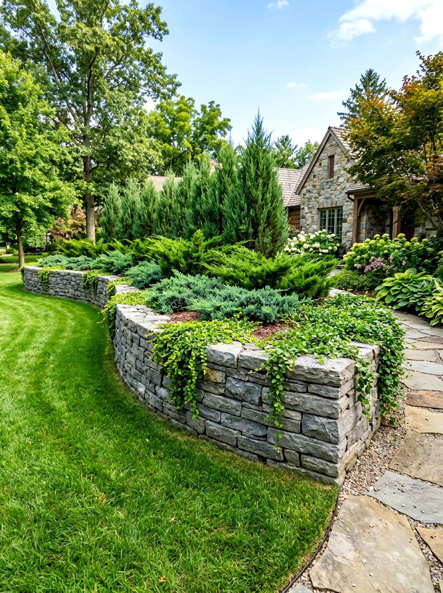 Stacked Stone Hedge Bed - 30 layered hedge front yard ideas