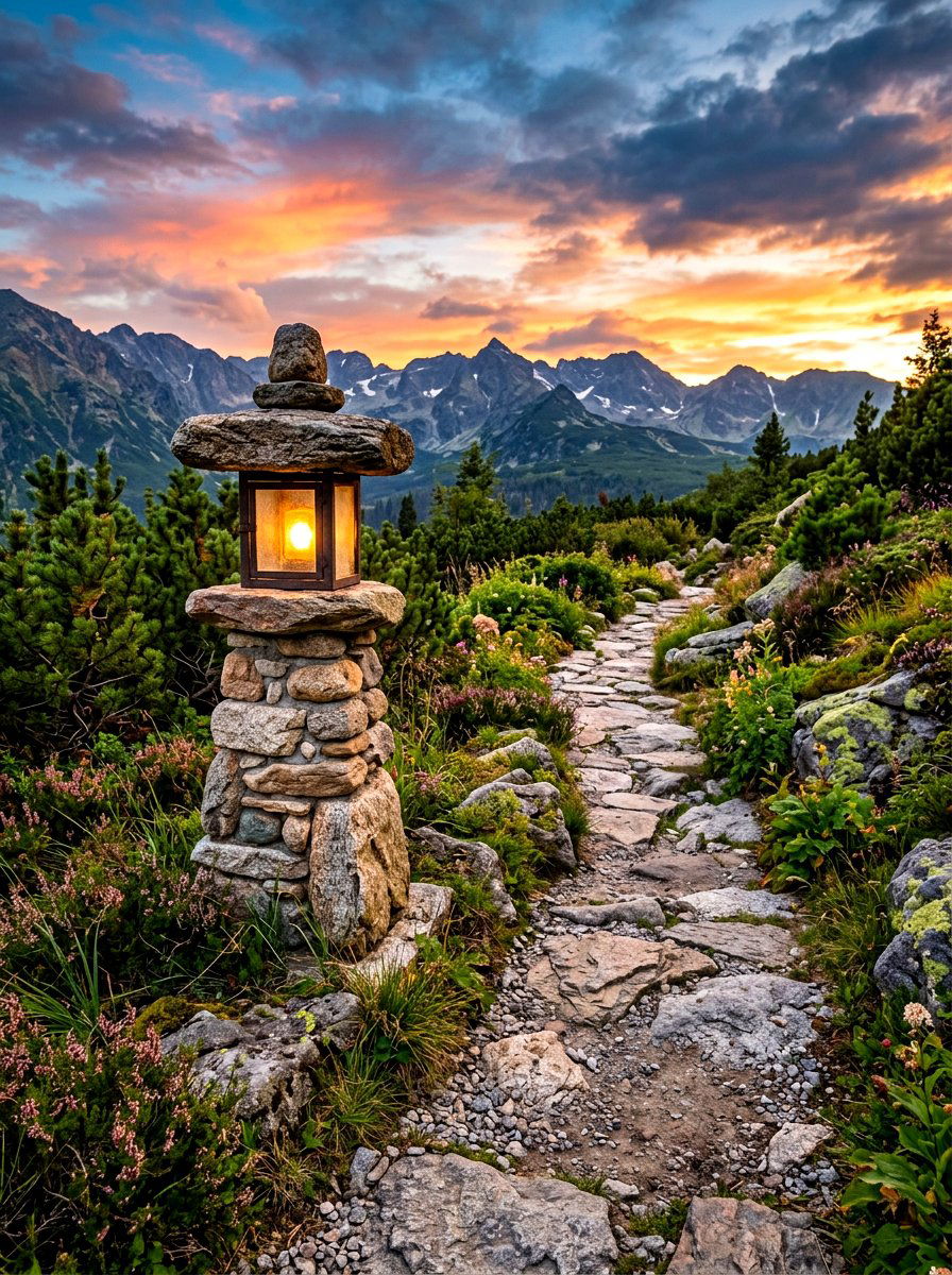 Stacked Stone Path Lantern - 30 lantern pathway ideas
