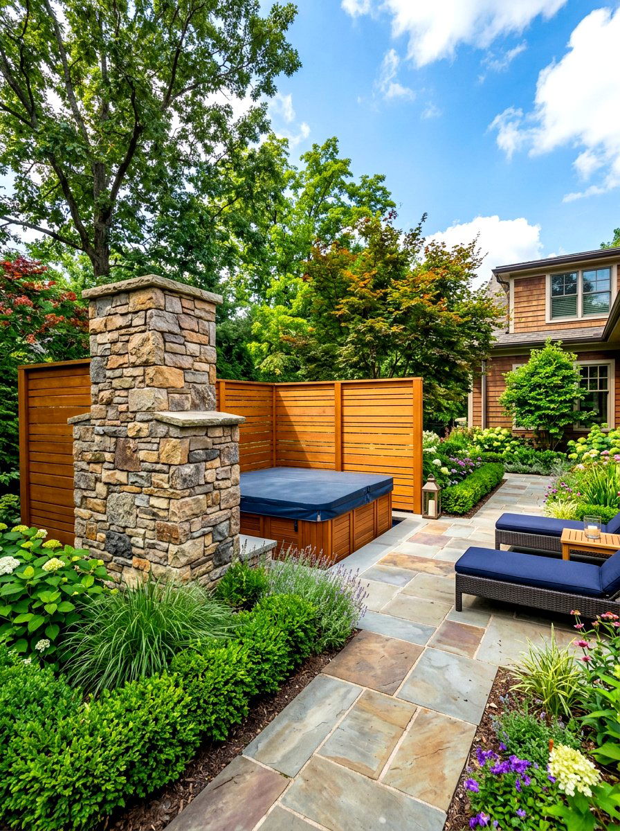 Stacked Stone Pillar - 30 hot tub privacy ideas