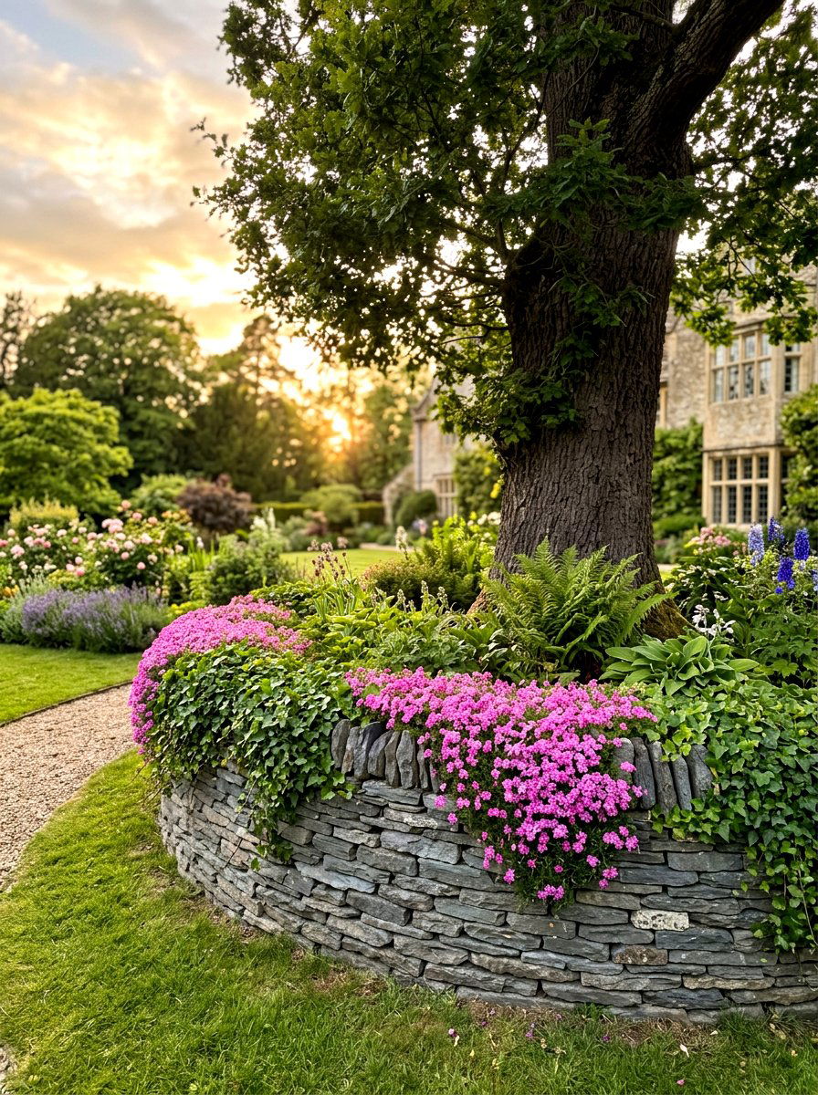Stacked Stone Tree Wall - 30 tree ring flower bed ideas