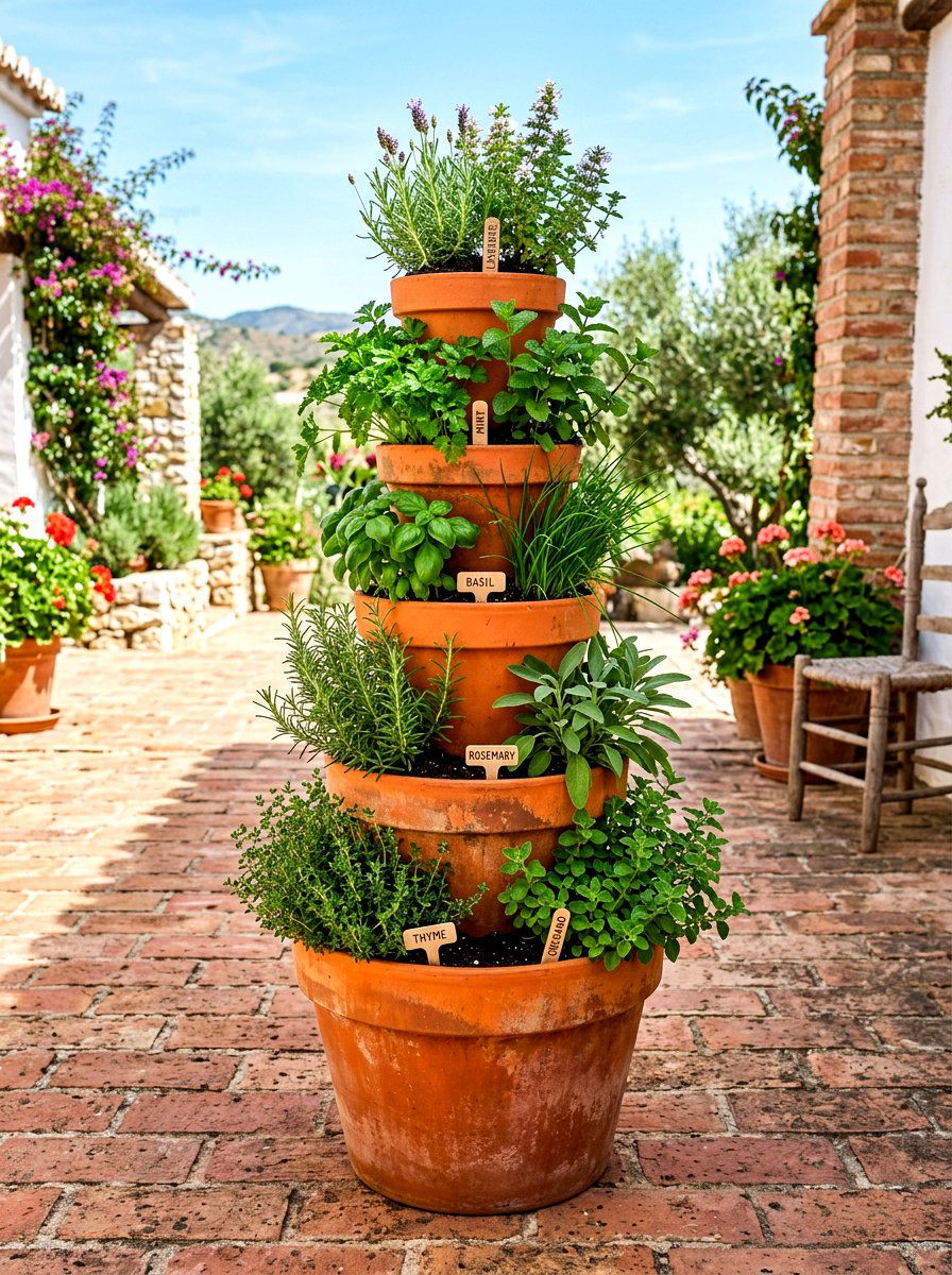 Stacked Terra Cotta Herb Tower - 30 herb garden bed ideas