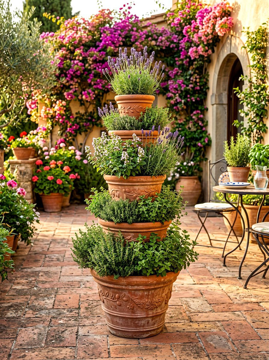 Stacked Terra Cotta Herb Tower - 30 container herb garden ideas
