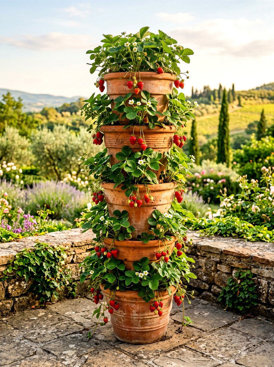 Stacked Terra Cotta Pots - 30 vertical strawberry garden ideas