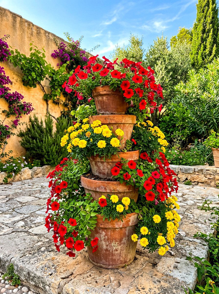 Stacked Terra Cotta Pots - 30 tiered planter ideas
