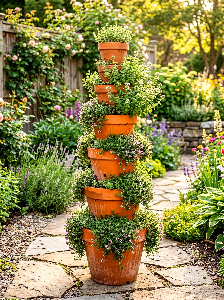 Stacked Terracotta Pot Tower - 30 tiered herb planter ideas