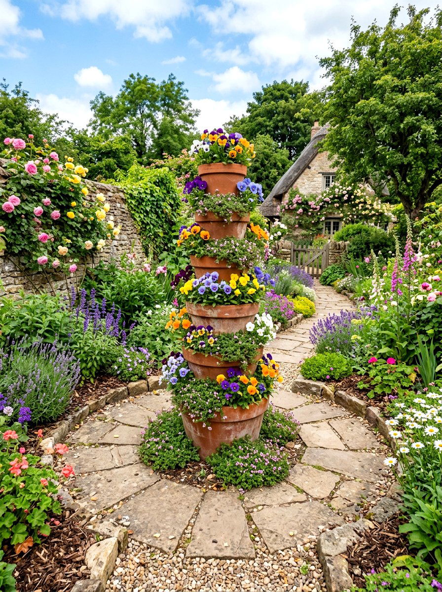 Stacked Terracotta Tower - 30 small space container garden ideas