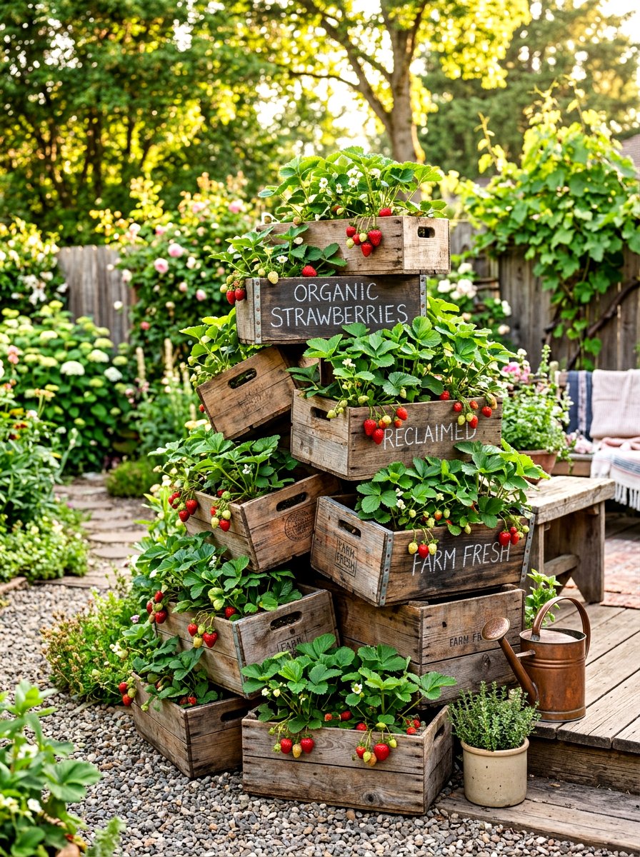 Stacked Wooden Crate Garden - 30 strawberry tower ideas