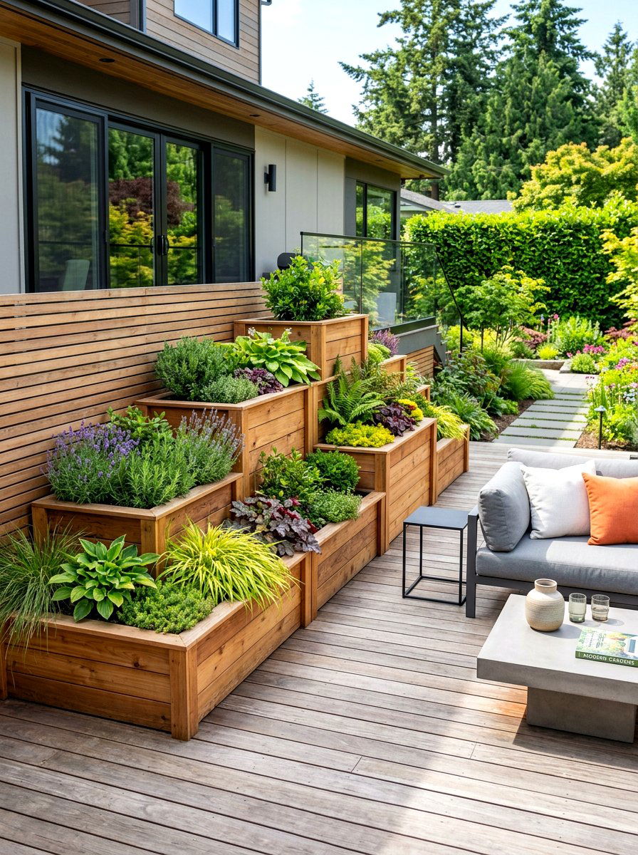 Stacked Wooden Planters - 30 living privacy wall ideas