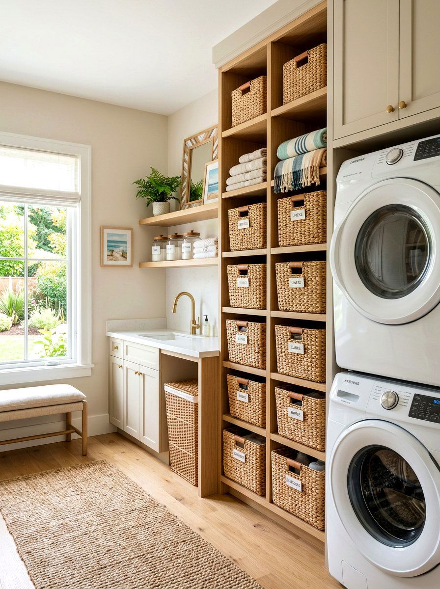 Stacked Woven Baskets Storage - 30 narrow laundry room ideas