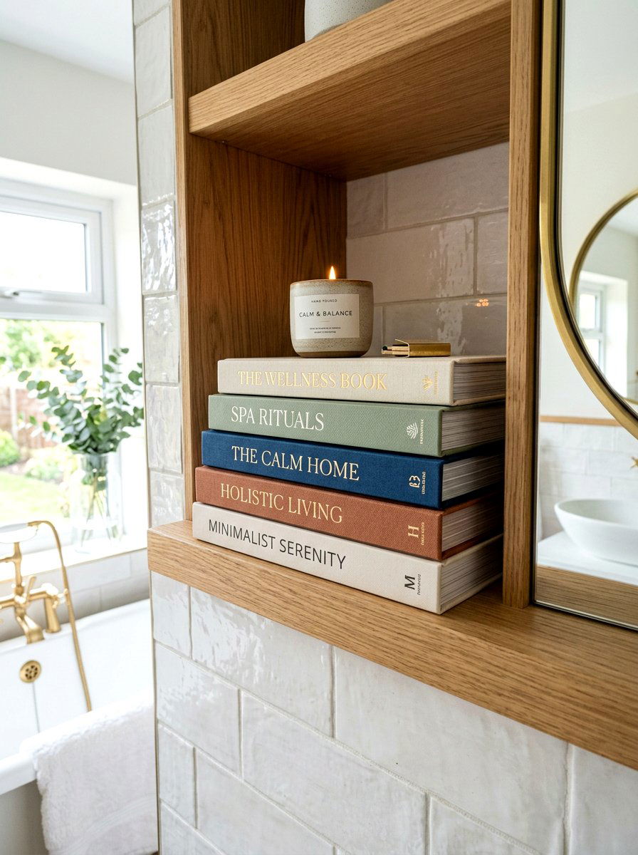 Stacked aesthetic books - 30 spa shelf styling bathroom ideas