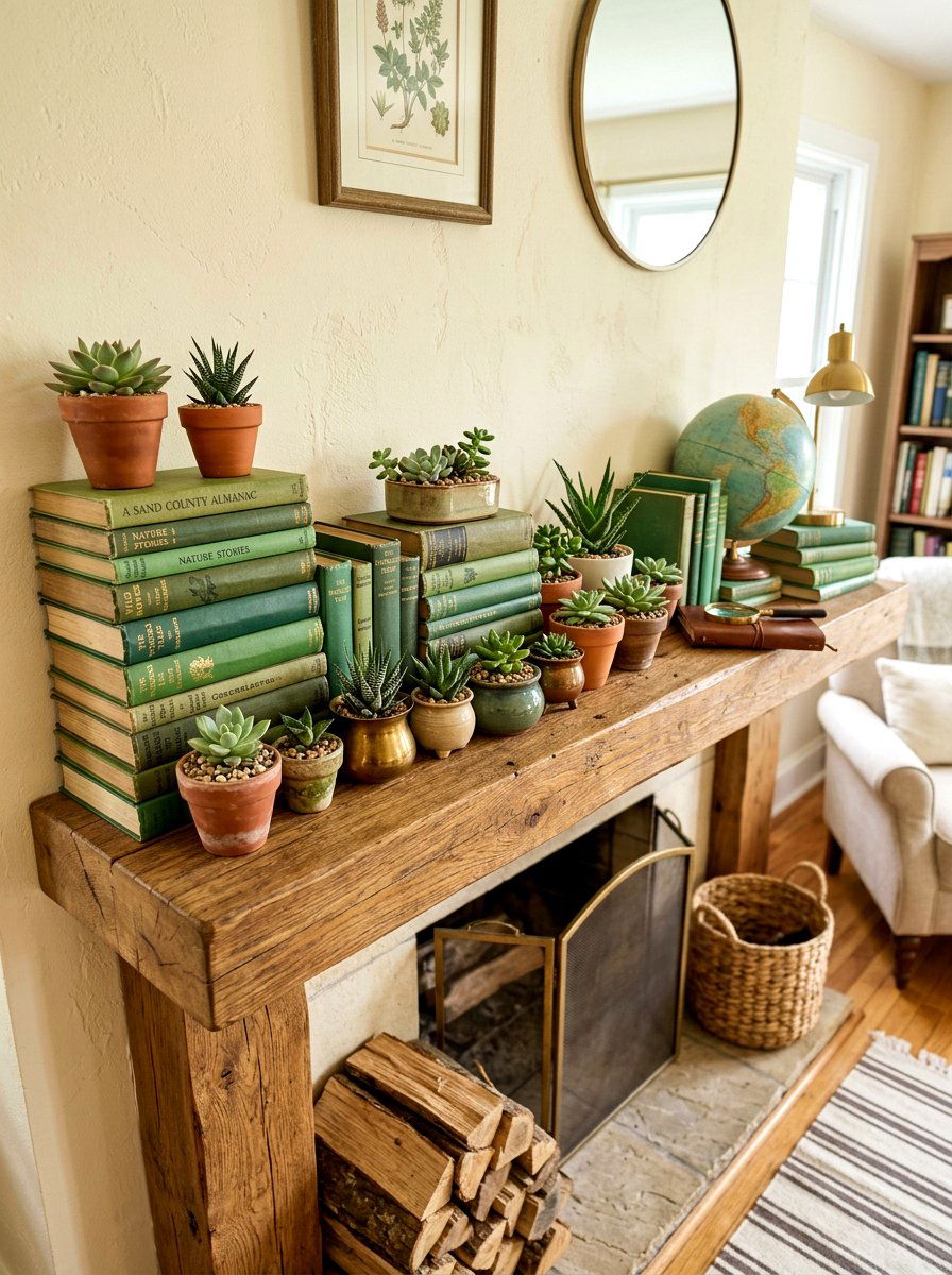 Stacked book and succulent mantel - 30 spring mantel decor ideas