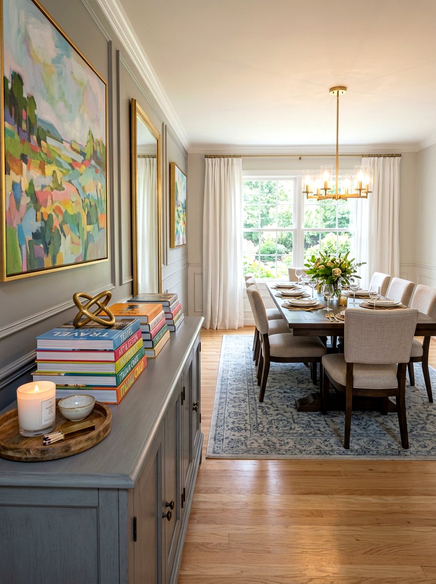 Stacked books on dining room buffet - 30 dining room sideboard styling ideas