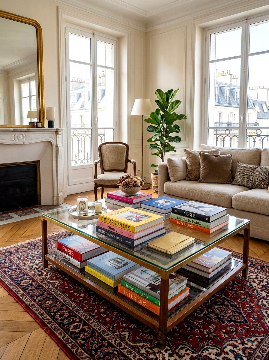 Stacked coffee table books - 30 Parisian living room ideas