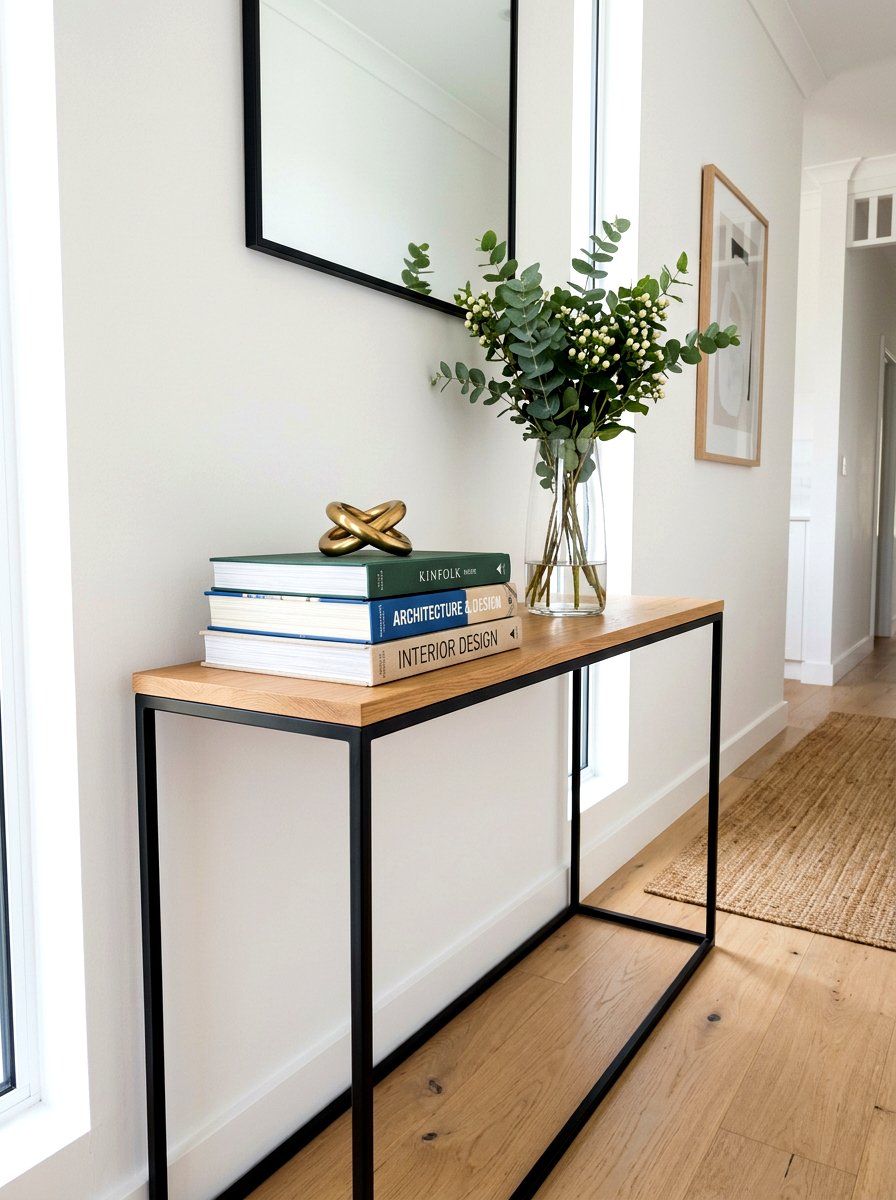 Stacked coffee table books decor - 30 foyer console styling ideas
