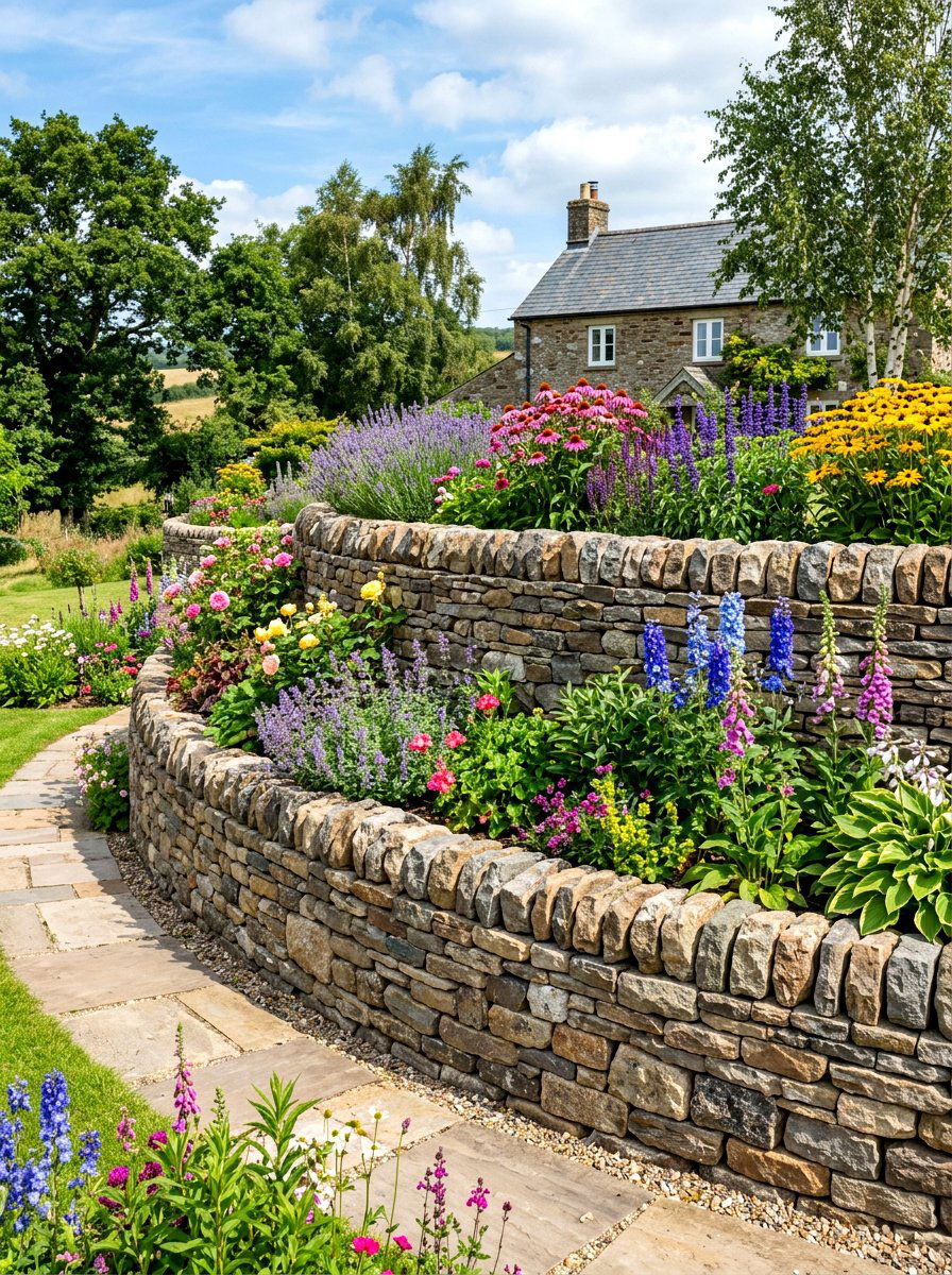 Stacked fieldstone retaining wall - 30 stone edging front yard ideas