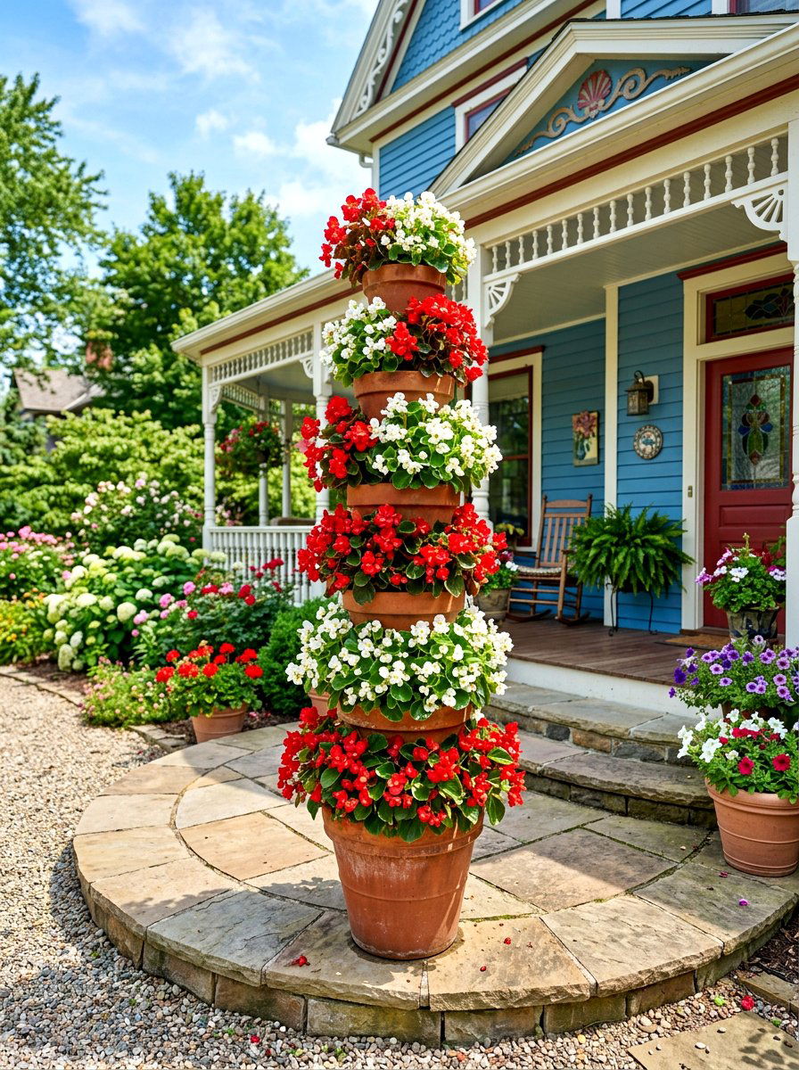Stacked flower pot tower - 30 porch step planter ideas