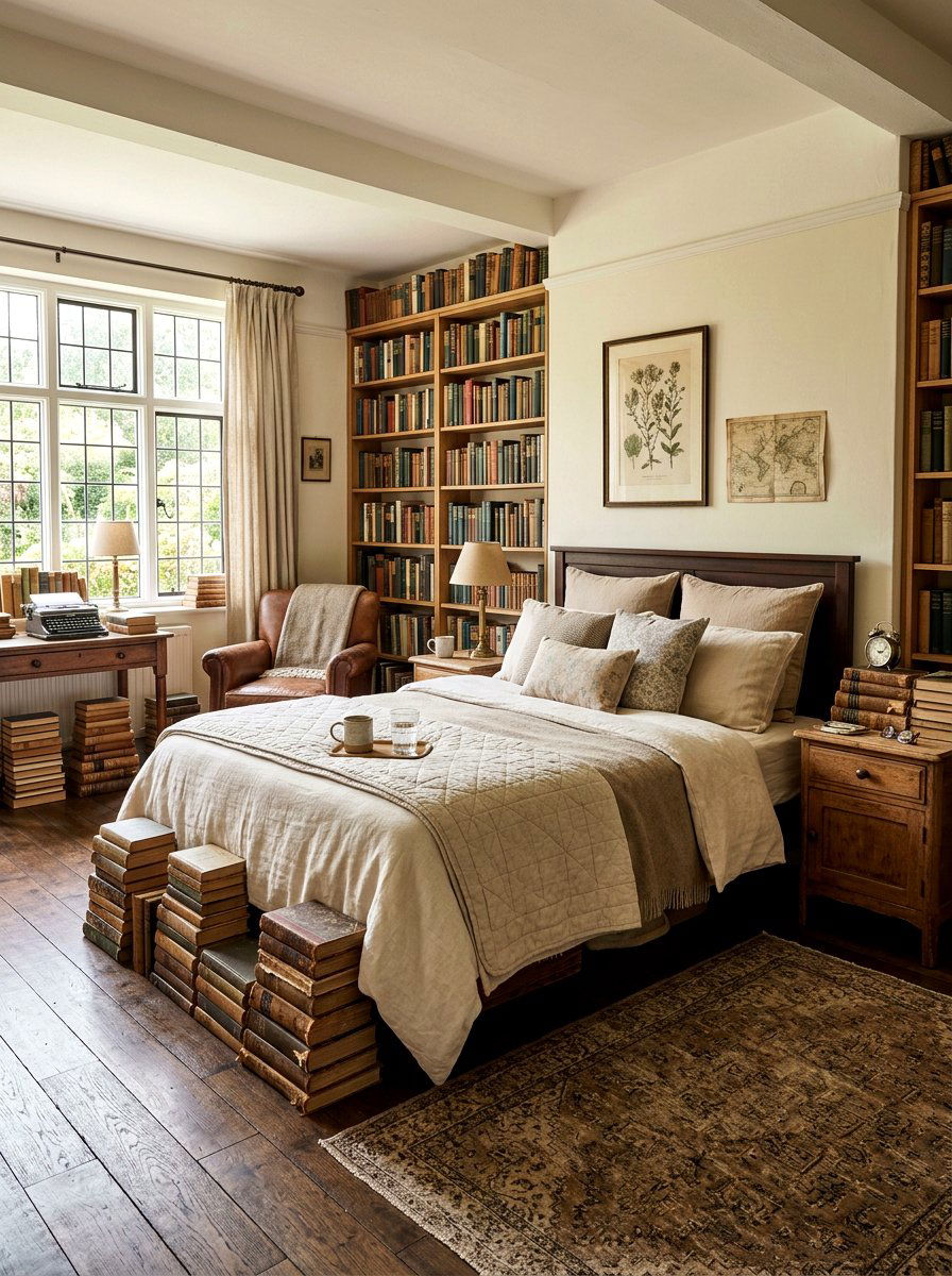 Stacked old books - 30 light academia bedroom ideas