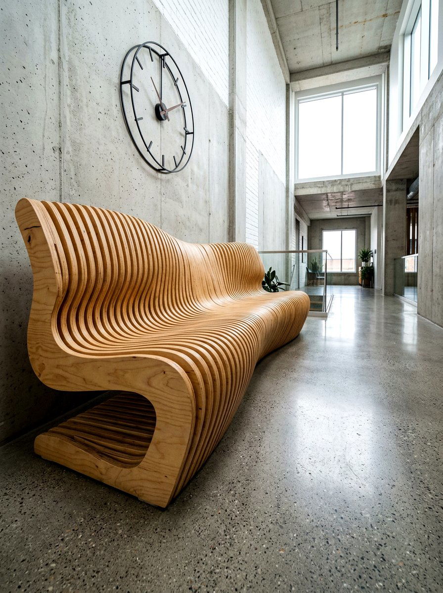 Stacked plywood sculptural bench - 30 sculptural entry bench ideas
