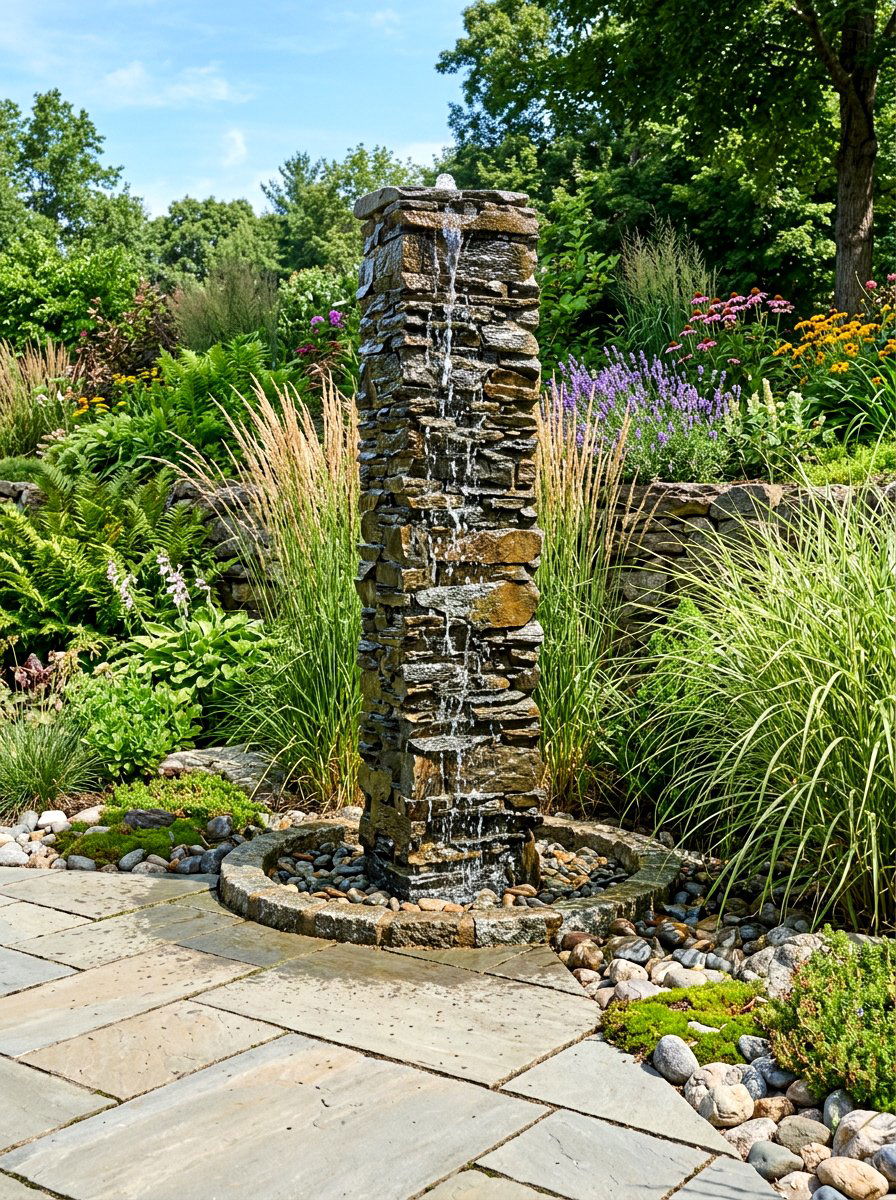 Stacked slate fountain - 30 patio fountain ideas