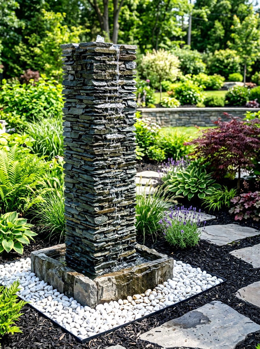Stacked slate fountain - 30 courtyard fountain ideas