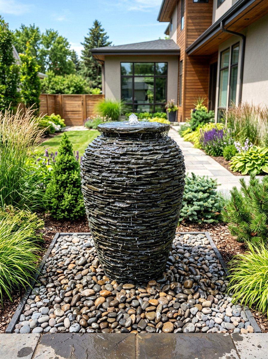 Stacked slate urn - 30 front yard water feature ideas