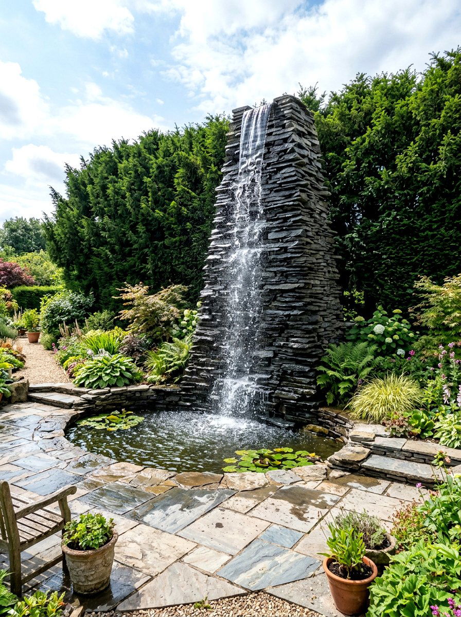 Stacked slate waterfall - 30 pondless waterfall ideas