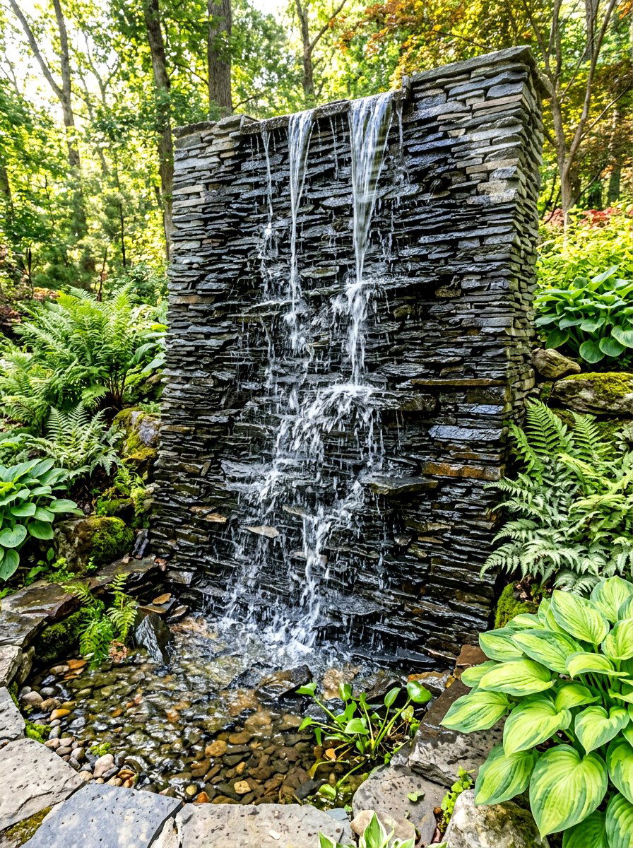 Stacked slate waterfall - 30 courtyard fountain garden ideas