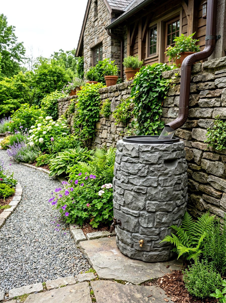 Stacked stone look rain barrel - 30 rain barrel ideas