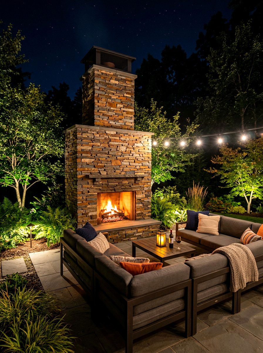 Stacked stone outdoor fireplace - 30 patio fireplace lounge ideas